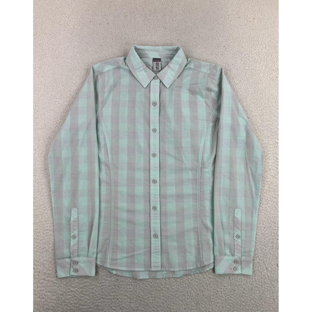 Stio Shirt Womens Medium Green Stripe Long Sleeve Button Up Slim Fit 1443